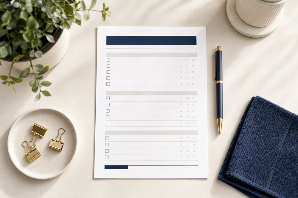 A printed office cleaning checklist on a desk